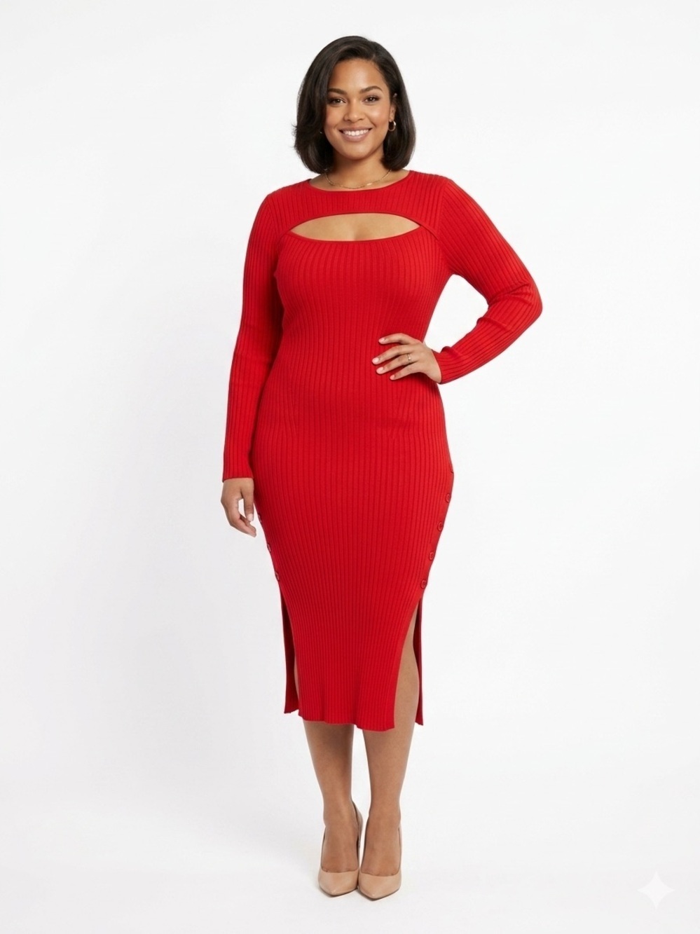 Planet Gold Red Ribbed Knit Cutout Midi Sweater Dress Size L NWT